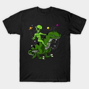 Space Alien Riding T-Rex Dinosaur T-Shirt